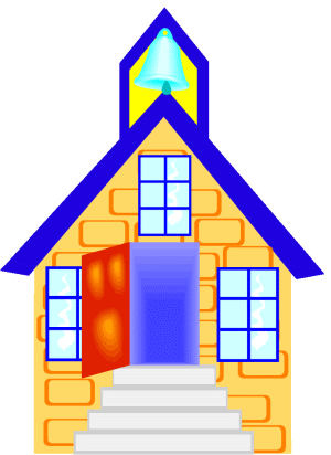 Żółta szkoła z niebieskim dachem